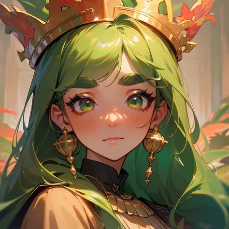 (    best quality , masterpiece:1.2),      Very detailed and realistic :1.37,       fantasy,  Illustration, Green Eyes、      queen      , Platinum decoration、beautiful、(   eyeshadow red    、      thick eyebrows、      has long eyelashes、         her hair is...