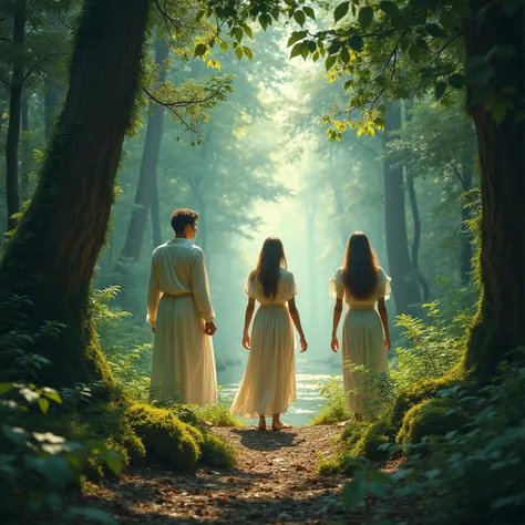  Photo of men and women in a magical forest.  They are awakening spiritually .  Surrounded by trees and medicinal plants , elves, fairies and angels .  They are connected to Mother Earth ,  with the universe and the cosmos . 