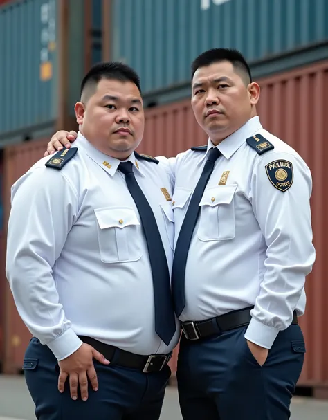  Best Quality ,  facial focus,  Ultra High Resolution , (Reality:1.4),  RAW Photo , Two obese young Chinese men wearing police shirts，Short hair flat head， white long sleeve shirt ，Lips tightly closed，Dark blue tie、 have a serious expression ， facing the c...