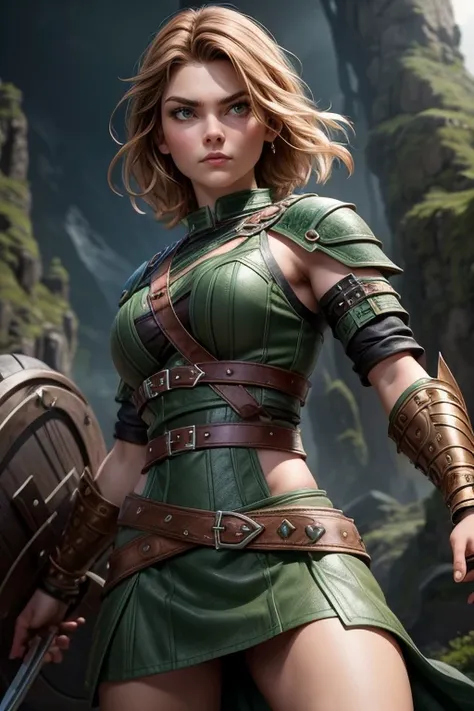 Young Viking woman of Norse descent, warrior, short brown hair, thick eyebrows,  green eyes, leather armor,  strappy leather top , fur skirt, fierce expression, heroic stance,  looking at the camera,  masterpiece, super detail,  lyrics, Iluminación natural...