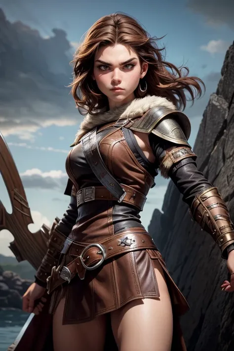 Young Viking woman of Norse descent, warrior, short brown hair, thick eyebrows, brown eyes, leather armor,  strappy leather top , fur skirt, fierce expression, heroic stance,  looking at the camera,  masterpiece, super detail,  lyrics, Iluminación natural,...