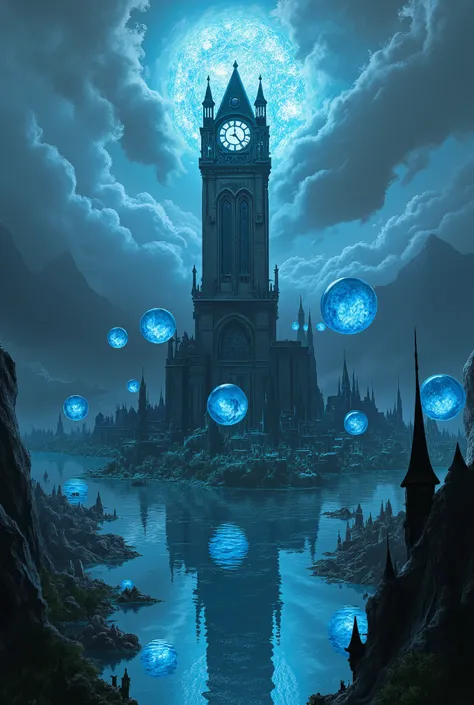 (Ultra-detailed, Fantasy Illustration with Gothic, Dark tone colors.), BREAK 
(A viewpoint looking down on the ground from above the clouds in the sky. (((A huge city reflected in the vast mirror-like surface of the water))). A citadel burning with blue fl...