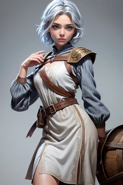 Young woman, campesina medieval "Chronicles of Narnia ",  gray and brown shreds,  blue eyes ,  short white hair, dynamic position,  safe expression, Iluminación natural,  plain white background , without patterns, No textures.