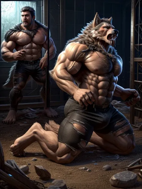 ((   This is the best quality  )), (( masterpiece )), ((4K)) (((  Unique ))), Werewolf，(((  Transformation process 进行到一半 )))，Gray Wolf,   perfect face ，(((pain, facial pain， Drastic changes   ，Focused expression)))，  Unique ，Masculine charm   ，Endocrine   ...