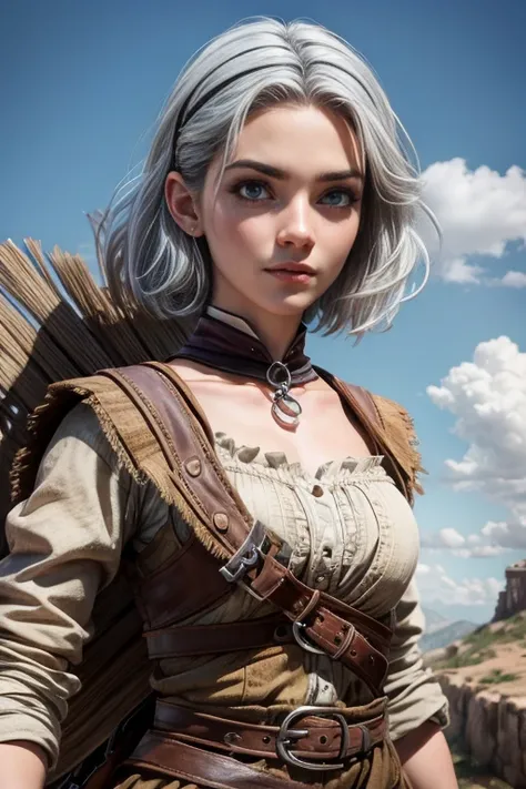 Young woman, campesina medieval "Chronicles of Narnia ",  gray and brown shreds,  blue eyes ,  short white hair, dynamic position,  safe expression, Iluminación natural,  plain white background , without patterns, No textures.