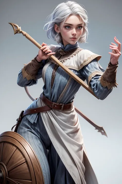 Young woman, campesina medieval "Chronicles of Narnia ",  gray and brown shreds,  blue eyes ,  short white hair, dynamic position,  safe expression, Iluminación natural,  plain white background , without patterns, No textures.