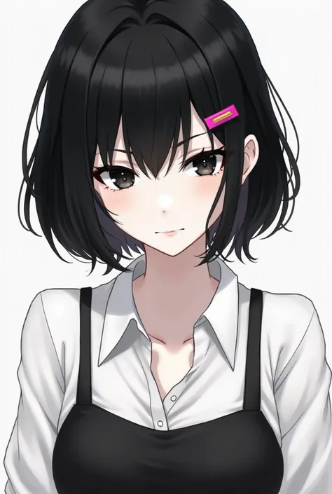 Girl short hair , black hair , black eye , white shirt, pink clip and black tank top