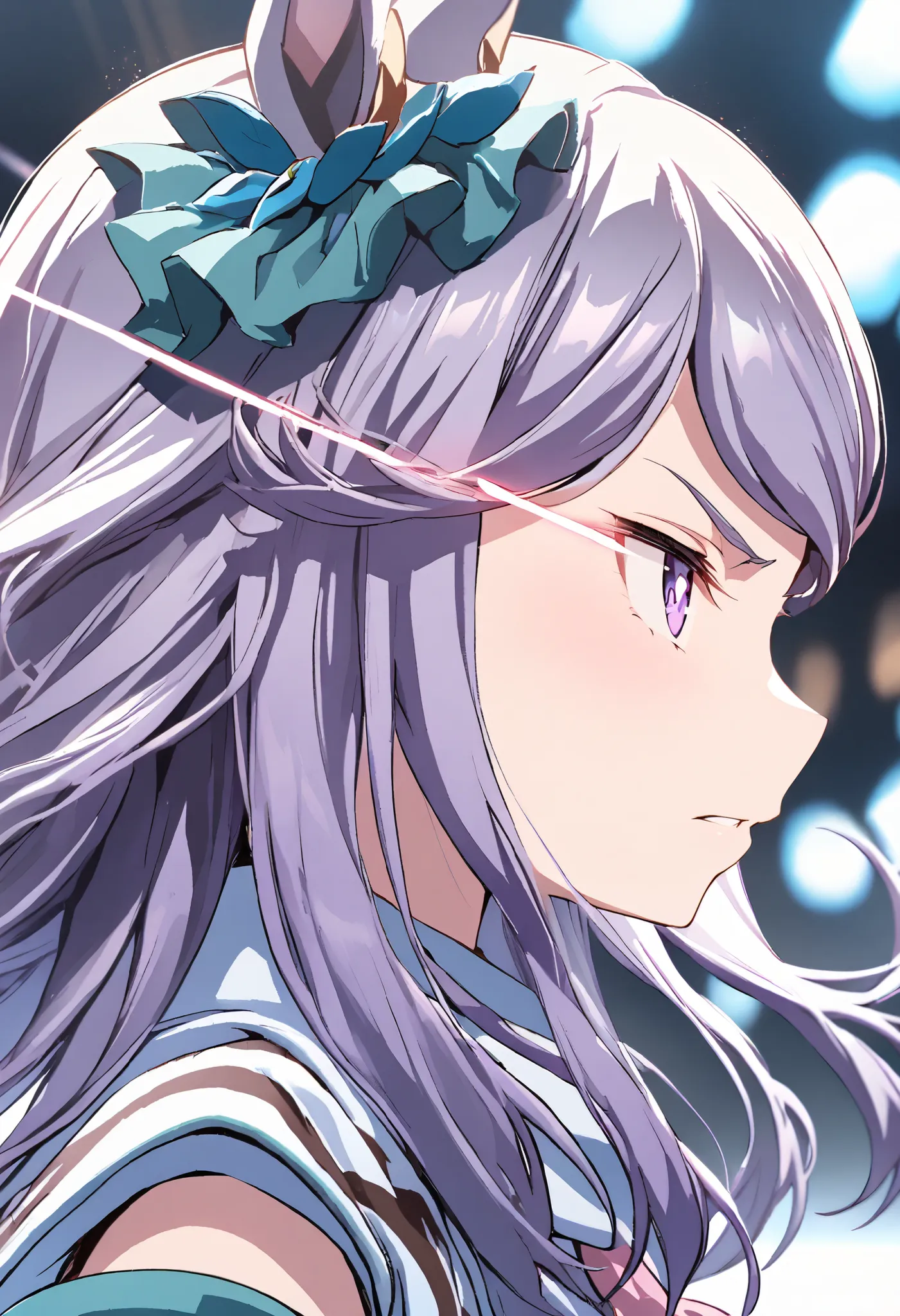 mejiro mcqueen \(uma musume\), horse girl, serious face,  close-up , profile, glowing eye trail, blur,