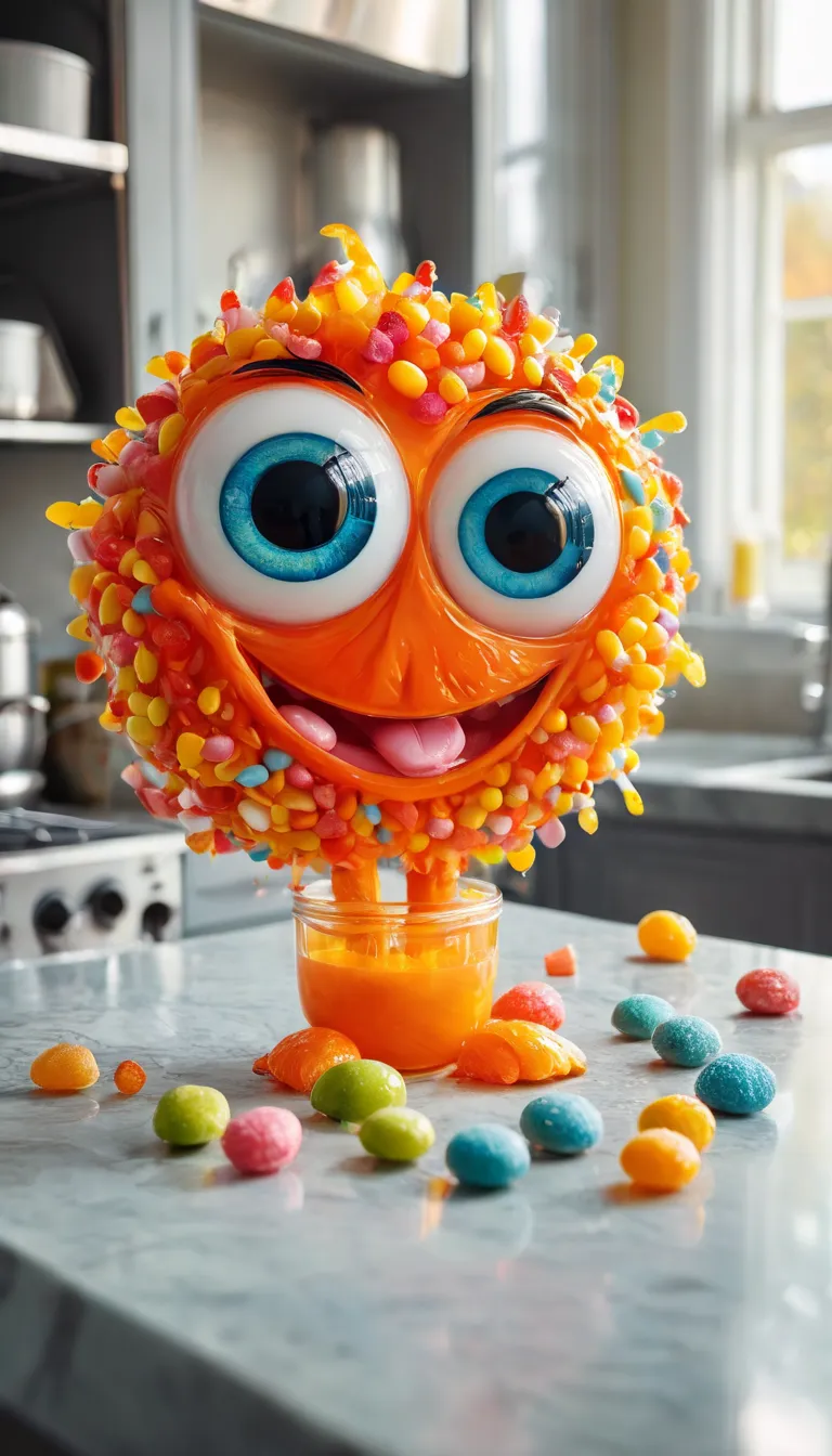 A happy monster, big eyes, made of candy, smiling, on the counter of a kitchen