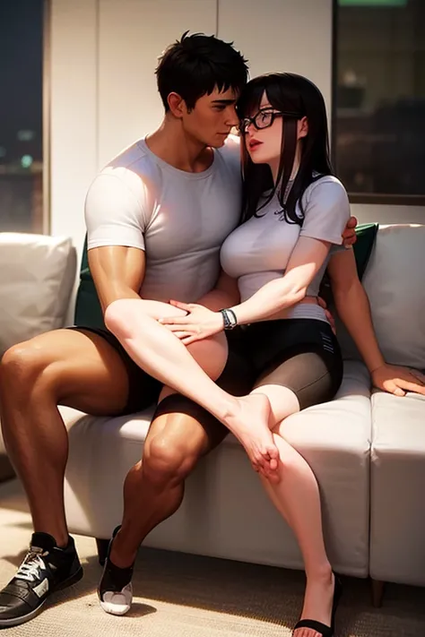   full body image , , having oral sex ,  in a bright office , , ชายหญิงTwo people, , a handsome young man at the age of 17, a figure athlete , , dressed in glasses , Men have a sippy pack,  Wearing a white round neck T-shirt ,  muscle together with a digit...