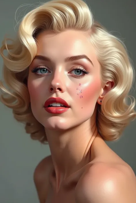 Marilyn Monroe is a woman with blonde hair blue eyes and mole on cheek