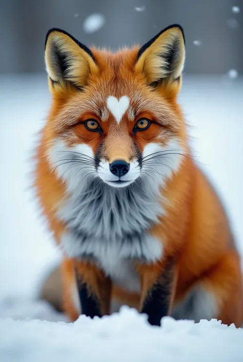 Realistic photo of a fox.Close-up.  Red fox in the snow. On the forehead there is a white spot in the shape of a heart. Beautiful photo of a fox. Realistic photo. High detail. Photorealism. 