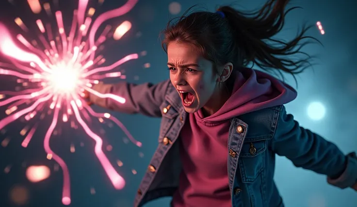 side-view, upper-body shot of a Gen Z girl caught in a moment of extreme fear and vulnerability. She is mid-air, her headphones tumbling away behind her, as sharp, glowing shards streak toward her at high speed. Her tear-streaked face is visible, crying, h...