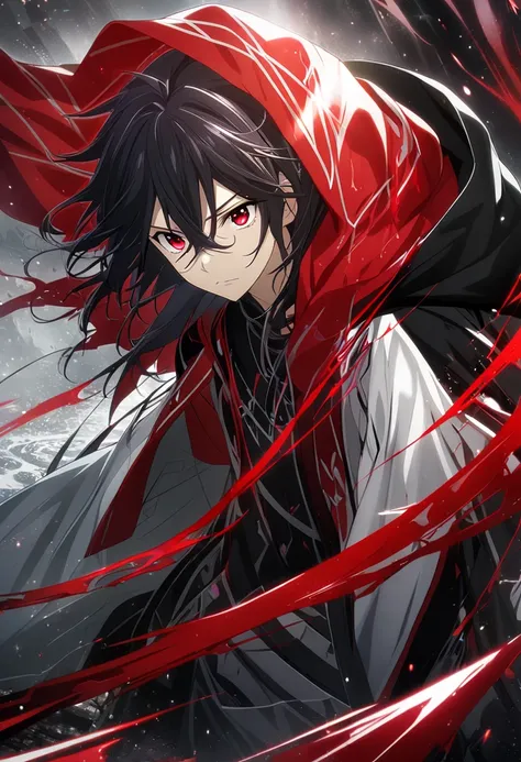 1boy, long hair, red hair, black hair, red eyes, CG, male