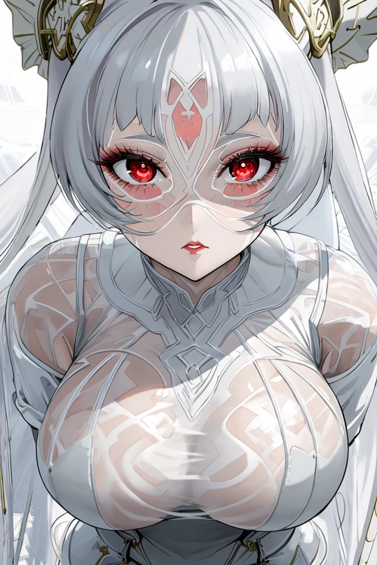 anakilox ,  twin tails,   has big breasts、 very long hair, gray hair,  my hair covers one of my eyes,  red eyes 、 white bodysuit...