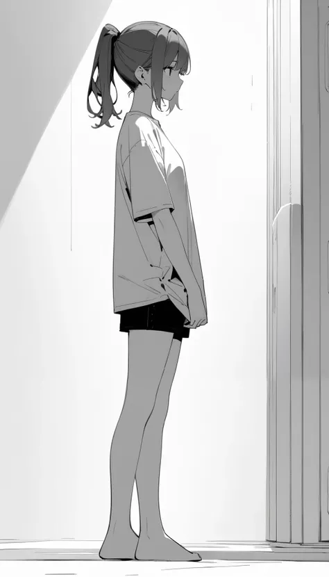 (masterpiece, best quality:1.2),((monochrome,greyscale:1.2)),manga, 1girl,brown hair, ponytail, black eye, Oversized white T-shirt, black short shorts,((from side:1.2)), full body, standing, looking away, solo ,1 girl, simple backscreen, 