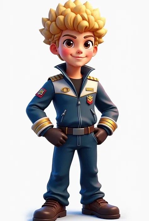  “Generate an avatar of a blond boy with curly hair ,  of medium height and slightly stocky physical size .  He is dressed in the uniform of an aeronautical cadet .  Add a confident expression and a champion pose . The avatar must reflect the code name Wil...