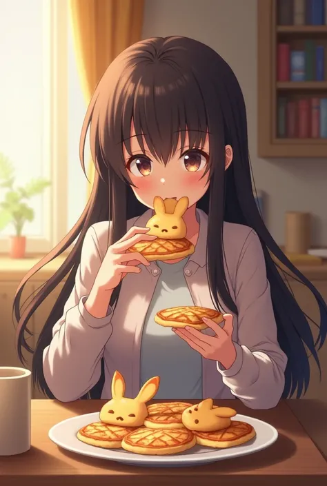 Anime style, monster story, Hanekawa Tsubasa lookalike, eating cute bunny shaped pancakes, living room in background