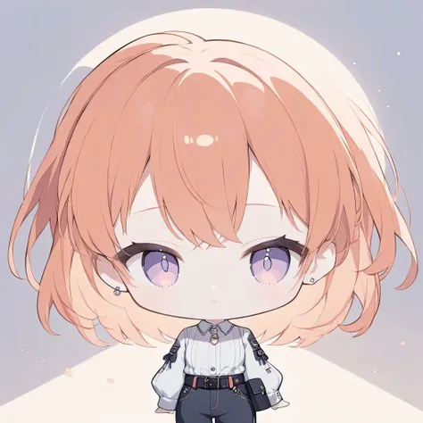 (((Anime))), Character Icon, Pastel One Woman ,Chibi,   full body shot  ,Mauve Eyes , orange hair, ponytail,pendant,whiteいオフショルダーニット, Volume Sleeves ,Cropped trousers,Black Belt,denim,pouch simple background ,Light from below,white,Backlight,masterpiece,  ...