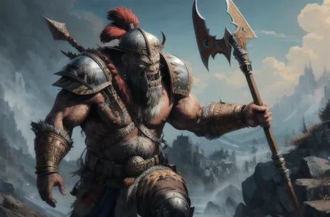 one ork, turk armor, dai li hat, polearm, muscular, full body focus, (masterpiece:1.2) (illustration:1.2) (best quality) (detailed) (intricate) (8k) (HDR) (wallpaper) (cinematic lighting) (sharp focus)(highly detailed face) 