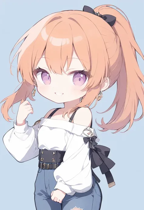 Chibi、woman,Alone,front, Cowboy Shot ,pastel,smile,happiness,Mauve Eyes , orange hair, ponytail,first round, White Off Shoulder Knit, Volume Sleeves ,Cropped trousers,Black Belt,denim, Pouch Background White ,Simple Masterpiece , best quality,Exquisite,8k,...