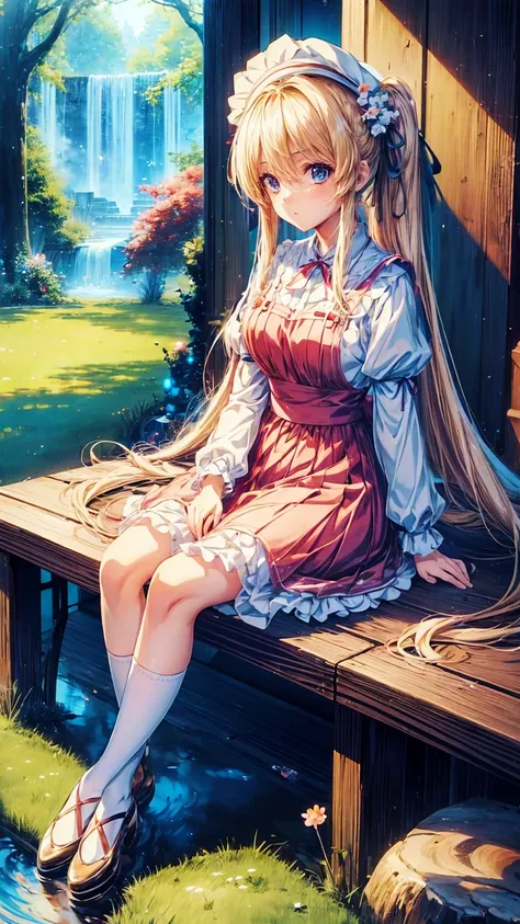  Anime*** in maid costume sitting on the grass with long blonde hair and peach colored dress , Anime Barbie Statue , change in dress, Anime Princess, Sexy maid in magical forest , , 美しくて魅力的なAnime10代の*** , Anime girl with white hat and blue eyes from My Dre...