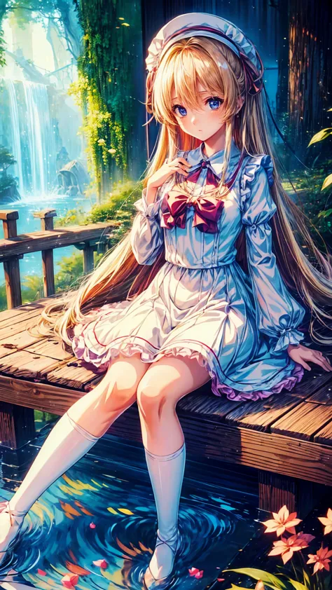 anime*** in maid costume sitting on the grass with long blonde hair and peach colored dress , anime barbie statue , change in dr...