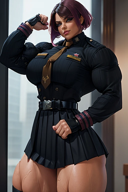 ((Close-up)), tall, (shocking pink hair) beautiful muscular woman, angled bob hair, light brown skinned, (huge breast), closed smile, black lipstick, (massive muscles), (hyper muscle), (((ginormous bulky muscles))), red eyes, (((((wearing dark military_uni...