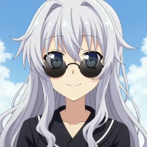 1girl, female gojo satoru, anime screencap from jujutsu kaisen, gojo satoru female version, solo, long_Silver hair, wavy hair, black round sunglasses, Blue Eyes, parted_lips, smiling, looking_at_viewer, perfect background, anime screen cap