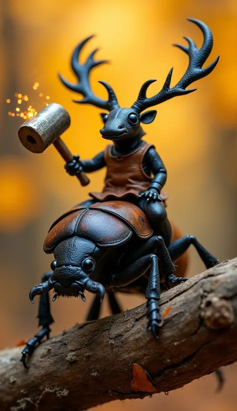 Macro photograph of a small blacksmith in a leather apron, sitting atop a stag beetle with massive mandibles. The blacksmith holds a tiny glowing hammer as if freshly forged, with sparks faintly glowing around it. The stag beetle is climbing over a log, su...