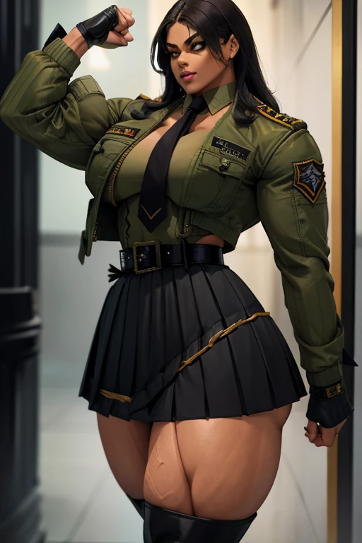 ((Close-up)), tall, (green hair) beautiful muscular woman, long curvy hair, light brown skinned, (huge breast), closed smile, black lipstick, (massive muscles), (hyper muscle), (((ginormous bulky muscles))), orange eyes, (((((wearing dark military_uniform,...