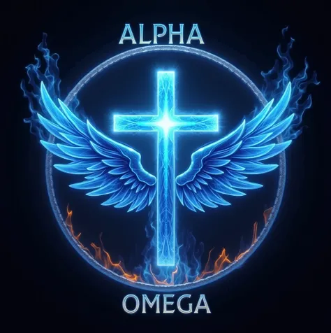  logo cross of life blue style on fire, with light blue wings ,  written on the top Alpha Omega ,  written on the Lower Training part ,  with a circle around the logo 