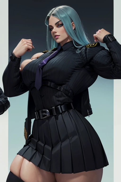 ((Close-up)), tall, ((cyan hair)) beautiful muscular woman, long hair, white skinned, (huge breast), closed smile, black lipstick, (massive muscles), (hyper muscle), (((ginormous bulky muscles))), purple eyes, (((((wearing dark military_uniform, jacket, ti...