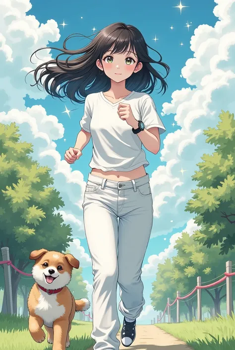 (Masterpiece, top quality, best quality, official art, beauty and aesthetics: 1.2) 1 girl, running, a dog, white shirt, white pants, one arm wearing a sports watch, clouds, facing the camera, trees, outdoor, English text and symbols as background, super cu...