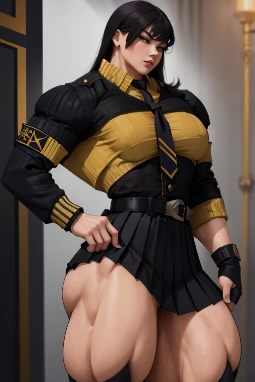 ((Close-up)), tall, (red hair), beautiful muscular asian woman, long hair, white skinned, (huge breast), closed smile, black lipstick, (massive muscles), (hyper muscle), (((ginormous bulky muscles))), yellow eyes, (((((wearing dark military_uniform, jacket...