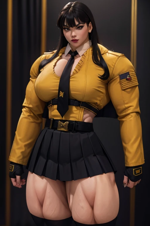 ((Close-up)), tall, (red hair), beautiful muscular asian woman, long hair, white skinned, (huge breast), closed smile, black lipstick, (massive muscles), (hyper muscle), (((ginormous bulky muscles))), yellow eyes, (((((wearing dark military_uniform, jacket...