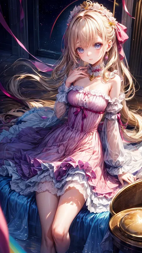 (8k,  best quality, masterpiece: 1.2),   Ultra High Definition ,,  Marie Antoinette ,  Super Detailed Face  ,fine grain,  opening slightly ,(blonde),Long Hair,   wavy hair in front of the station , break,Rococo Ruffle Dress,Long sleeve dress,  the dress ha...