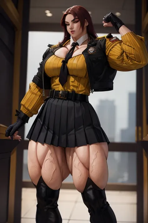 ((Close-up)), tall, (red hair), beautiful muscular asian woman, long hair, white skinned, (huge breast), closed smile, black lipstick, (massive muscles), (hyper muscle), (((ginormous bulky muscles))), yellow eyes, (((((wearing dark military_uniform, jacket...