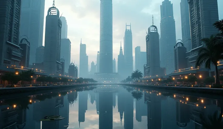  beautiful modern city reflected in quiet water、Intricate buildings 、 skyscraper in front of the floor、glass buildings 、 atmospheric lighting 、 dramatic shadows 、Moody colors、 Cinematic Composition 、Photo-Like Quality、 digital art 、 Concept Art 