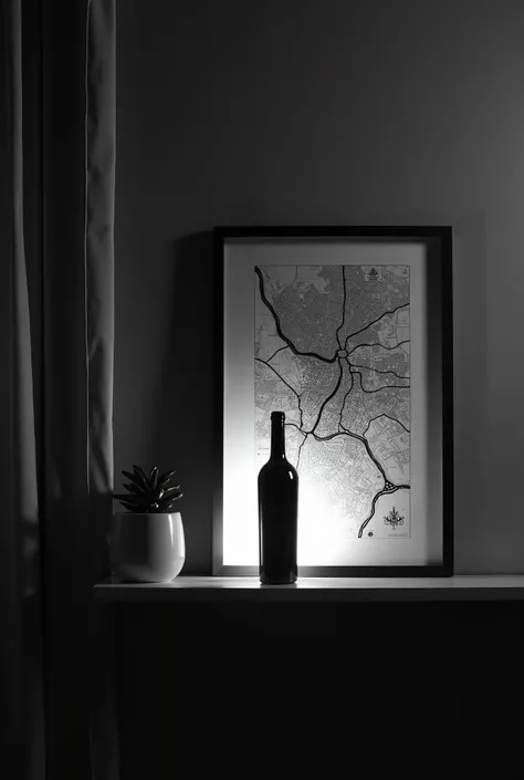 black and white photography. front view. night. on a wall a shelf on the left, a full-height curtain. on a shelf a bottle of wine on the left , a simple big frame on the right with the map of shanghai inside on the right. the light come behind the curtain ...