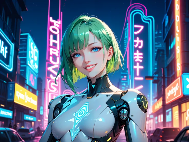  high definition , Future Cities ,Night view, pink neon light,light blue neon light ,yellow neon light , anatomically correct, one girl ,（Slender figure）,Outdoor,（ green hair）, blue eyes,Shining Eyes,smile,Cyborg Body