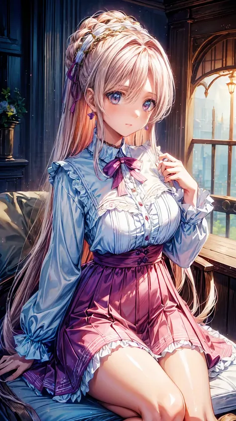 (8k,  best quality, masterpiece: 1.2),   Ultra High Definition ,,  Marie Antoinette ,  Super Detailed Face  ,fine grain,  opening slightly ,(blonde),Long Hair,   wavy hair in front of the station , break,Rococo Ruffle Dress,Long sleeve dress,  the dress ha...