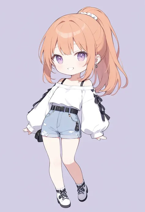 Chibi、woman,Alone,front, full body shot,pastel,smile,happiness,Mauve Eyes , orange hair, ponytail,first round, white off shoulder knit, Volume Sleeves ,Cropped trousers,Black Belt,denim, Pouch Background White ,Simple Masterpiece , best quality,Exquisite,8...