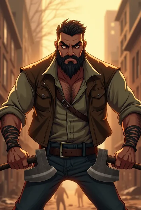 Animacao disney, a man, strong, with beard, short dark hair ,  dark brown eyes,  dark and defined eyebrow , light skin, roupas de zombie apocalypse, zombie apocalypse, holding two axes