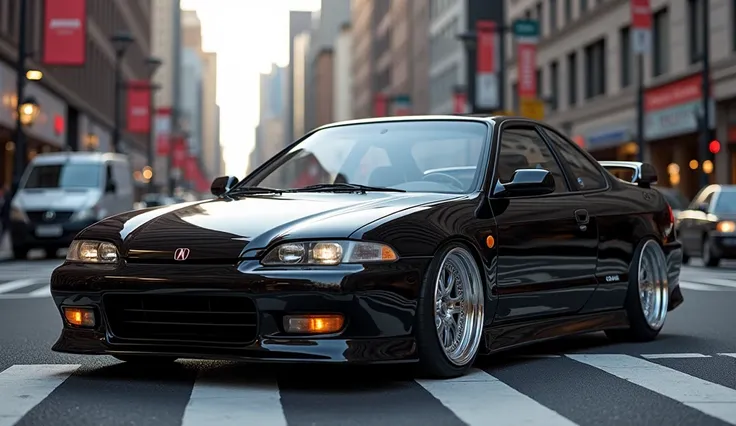 Generate realistic image of 1997  Acura Integra Type-R   Glossy black colour with silver rim on City Street