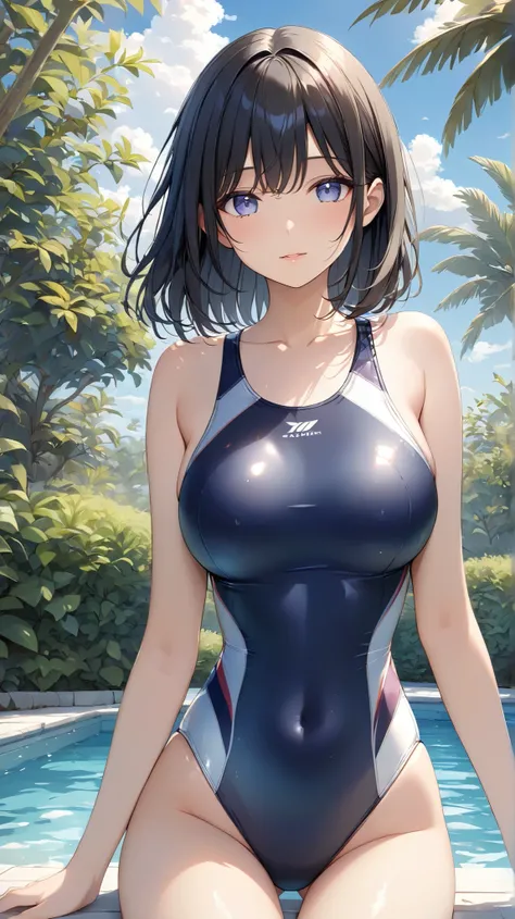 (masterpiece,best quality,ultra detailed,high resolution),daytime,clear weather,professional lighting,(cowboy shot),a beautiful girl,medium hair,black hair,slender,(navy swimsuit,competition swimsuit),big breast,on the garden,beautiful sky,