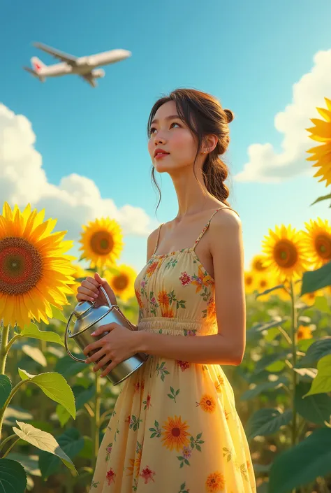 Floral Dress Full Body Sunflower Field Watering Summer Clear Sky Airplane Clouds 