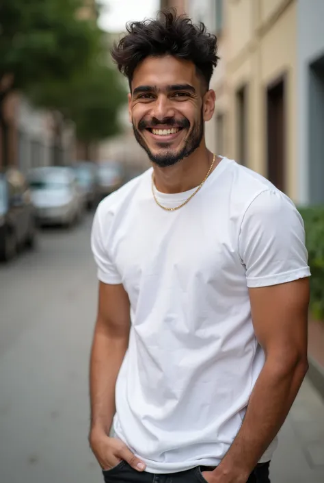 Portrait of a 24-year-old Brazilian man, smiling and looking directly at the camera. He is wearing a white t-shirt and black jeans. The shot is taken in close-up from the right side of his face, capturing a joyful and positive expression.