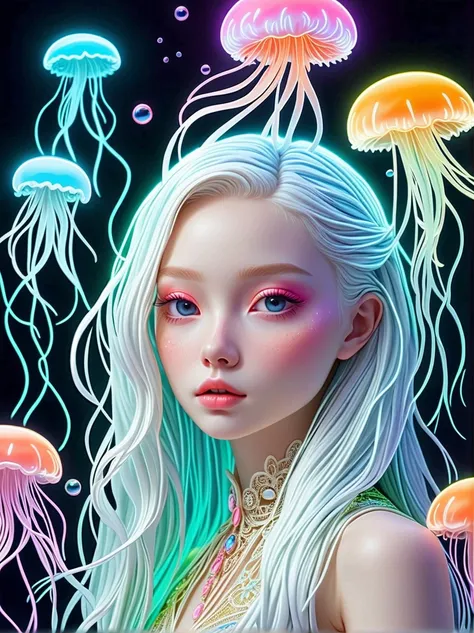 neon, 发光的neon玻璃制成的招牌，透明neon材质，luster，Refraction Details，Albino girl，Long whiskered jellyfish on the head，Long hair doll，(发光neon线制成的长裙:1.5)，Renaissance， BAROQUE STYLE ，Psychedelic，Romantic，Neon Palette, Light Color, 1nhdg1