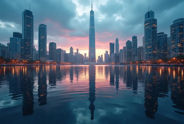 a city reflected on still water, architectural buildings, skyscrapers, glass reflections, water ripples, cloudy sky, cityscape, urban landscape, photorealistic, 8k, HDR, cinematic lighting, dramatic atmosphere, vibrant colors, detailed reflections, symmetr...